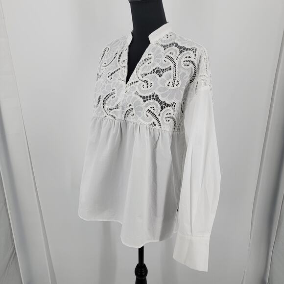 Urban Revivo Blouse Womens US 8 White Cotton Notch Lace Oversized Long Sleeve - Picture 4 of 14